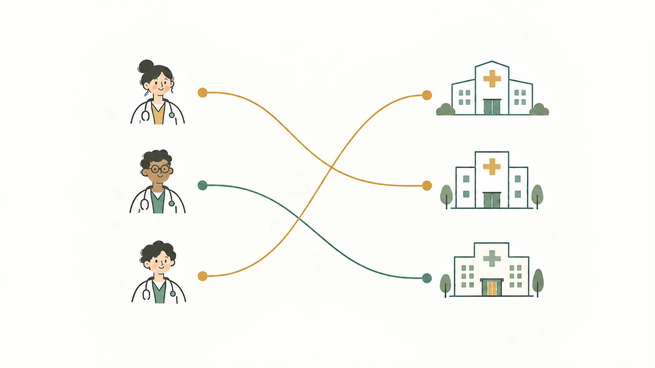 Three medical students connected to hospitals by matching lines